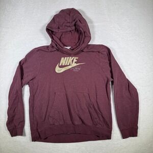 Nike Burgundy Gold Glitter Swoosh Hoodie Pullover Size L